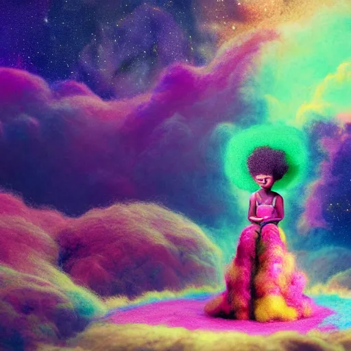 Prompt: a cute little african egyptian princess with a colorful afro sitting on a nebula cloud throne, bright colors, synthwave, watercolor, volumetric wool felting, felt, macro photography, children illustration, global illumination, radiant light, detailed and intricate environment, by goro fujita