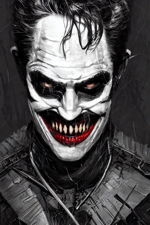 Image similar to Portrait of Robert Pattinson as The Batman Who Laughs, dc comics, dark, intricate, highly detailed, smooth, artstation, digital illustration by Ruan Jia and Mandy Jurgens and Artgerm and Wayne Barlowe and Greg Rutkowski and Zdislav Beksinski