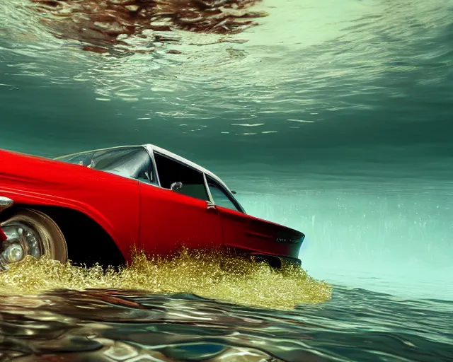 Image similar to red 1 9 5 8 plymouth fury submerged under water, cinematic, photoreal, by red dead redemption 2