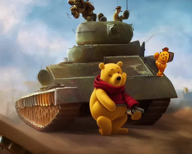 Prompt: defiant winnie the pooh sitting down on road blocking chinese tanks, soldiers approaching, award winning photography, extremely detailed, artstation, 8 k, dramatic lighting, incredible art, wlop, artgerm