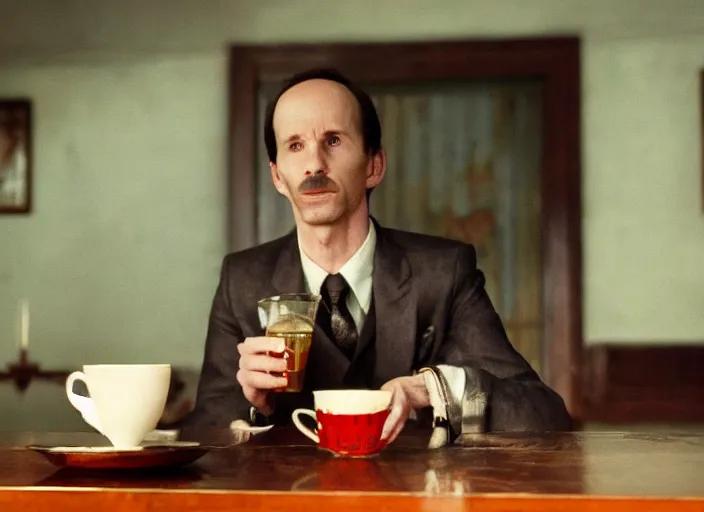 Image similar to A very high resolution image from a new movie, A Weasel wearing a suit drinks tea in a shabby Chinese room, surrounded by water vapor,beatiful backgrounds,dramatic Lighting, directed by wes anderson