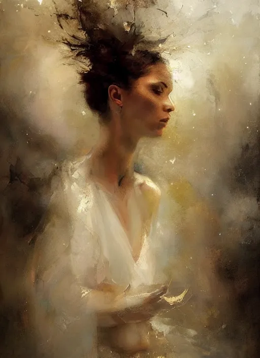 Image similar to portrait of goddess of love hovering, her body obscured by silver clouds, her eyes flaming with gold, her hair flowing and her face stern, by Jeremy Mann, stylized, detailed, loose brush strokes, warm tones, realizing, beautiful face