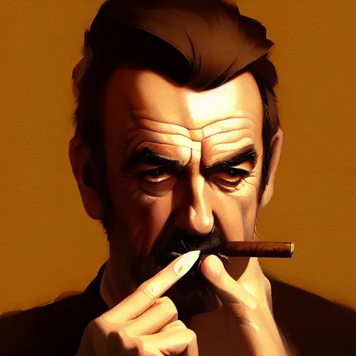 Image similar to portrait of sean connery smoking a cigar, 4 k, concept art, by wlop, ilya kuvshinov, artgerm, krenz cushart, greg rutkowski, pixiv. cinematic dramatic atmosphere, sharp focus, volumetric lighting, cinematic lighting, studio quality