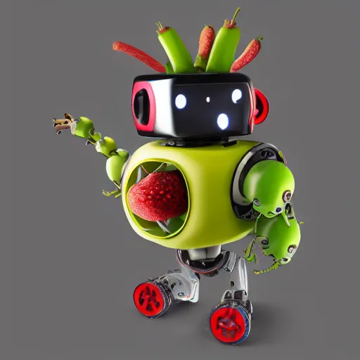 Image similar to a robot made entirely out of fruits, being chased by a vicious fruit - bat detailed, 8 k, trending on artstation, award - winning art,