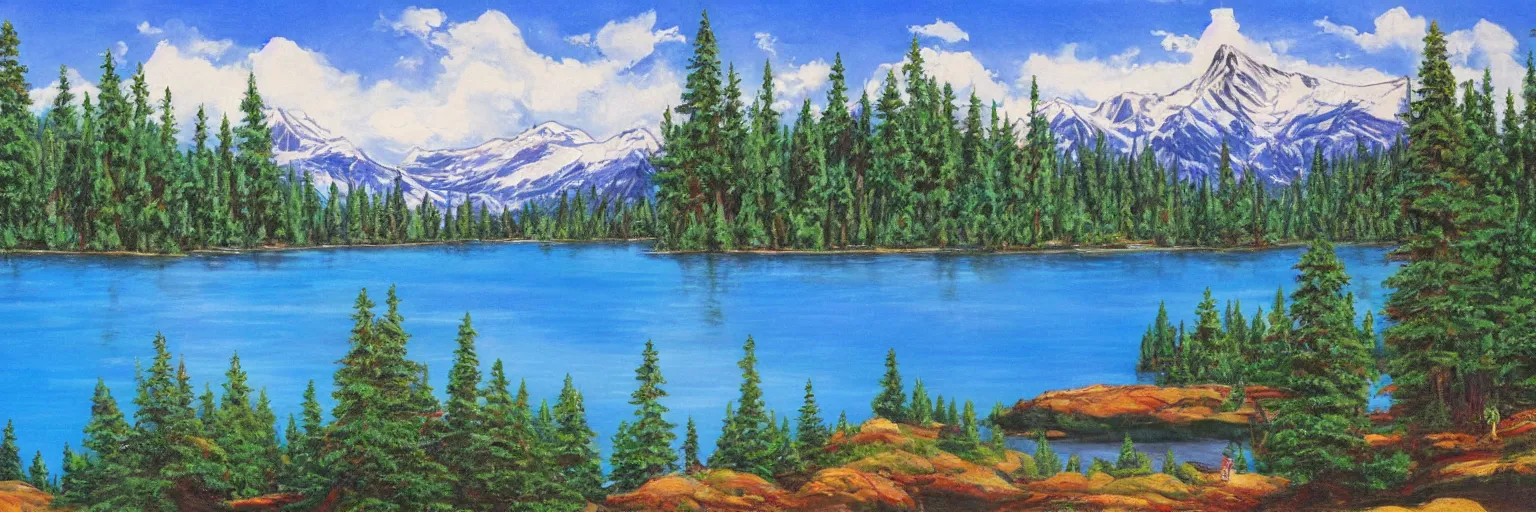 Image similar to a lake surrounded by pine trees with mountains in the background painted by Bob Ross