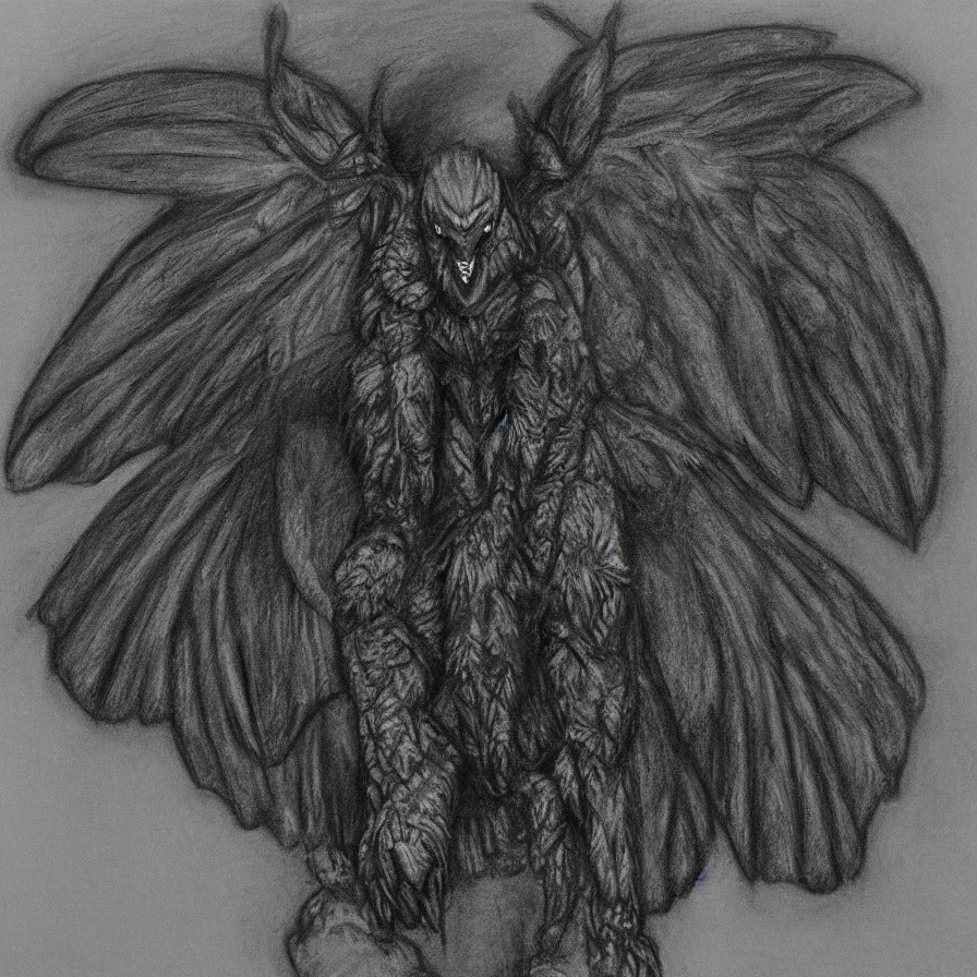 Image similar to A detailed charcoal sketch of Mothman facing forward, 8k, highly detailed