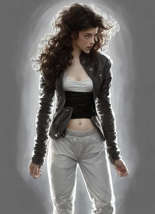 Image similar to girl in very short white! top and very short gray! leather jacket, open belly, long dark curly hair, high waist sweatpants, intricate, elegant, highly detailed, digital painting, artstation, concept art, smooth, illustration, art by artgerm and greg rutkowski and alphonse mucha