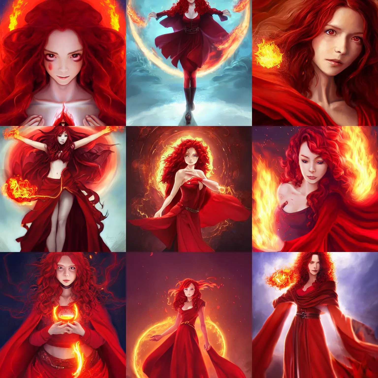 Prompt: portrait of a female sorceress with curly red hair wearing a red dress and a red cloak summoning a fireball and surrounded by flames, half body, single subject, ambient lighting, highly detailed, digital painting, trending on pixiv fanbox, studio ghibli, extremely high quality artwork, art by ross tran and artgerm and makoto shinkai