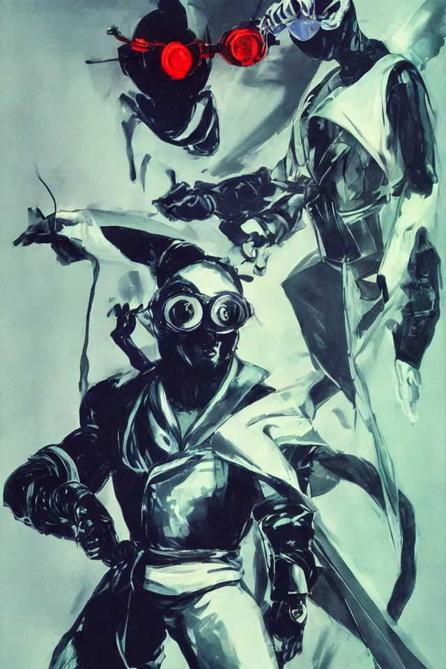 Image similar to character design, portrait, ninja gaiden in a suit made of iridiscent fabric, radio goggles, iridiscent, by syd mead, tim walker, roger deakins