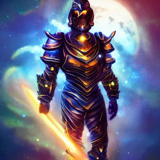 Image similar to photorealistic fantasy cosmic concept art of a cosmic god with armor made out of planets and dark matter, hovering in a unknown galaxy, fully body portrait, cinematic, dynamic lighting, ultra detailed, creative, trending on art station, stunning visuals, creative