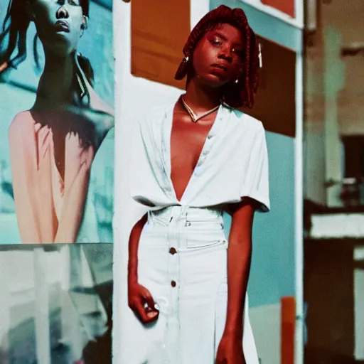 Image similar to realistic photoshooting for a new 0 3 2 c!!! lookbook, color film photography, photo of a woman, photo in style of tyler mitchell, 3 5 mm, featured on vogue