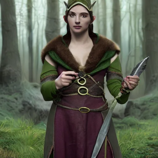 Prompt: anya charlota as a medieval fantasy tolkien elf, dark purplish hair tucked behind ears, wearing a green tunic with a fur lined collar and brown leather armor, wide, muscular build, scar across nose, one black, scaled arm, cinematic, character art, digital art, forest background, realistic. 8 k, 3 d render, detailed.