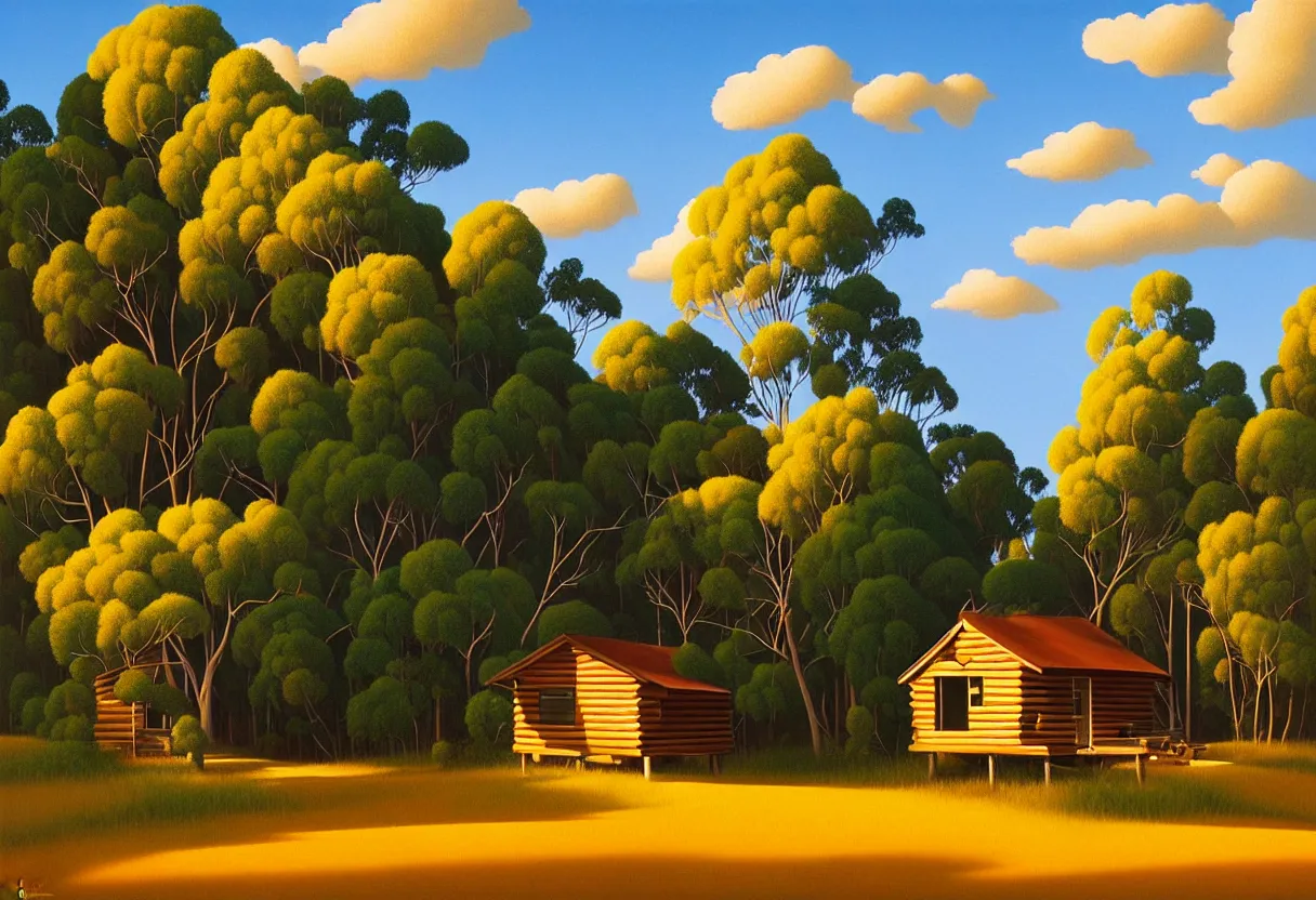 Prompt: a detailed australian wilderness landscape with a small ageing cabin during summer, golden hour, partly cloudy day, painting by kenton nelson