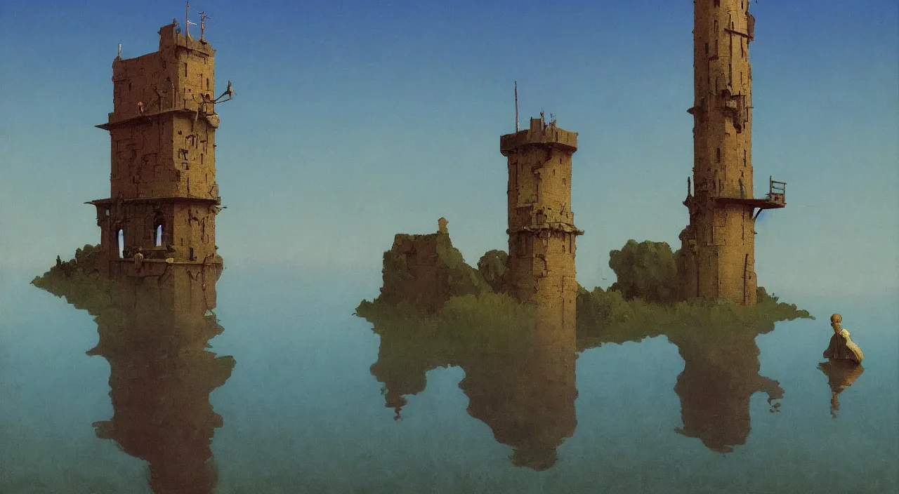 Prompt: single flooded simple ancient tower, very coherent and colorful high contrast!! masterpiece by rene magritte simon stalenhag carl spitzweg syd mead norman rockwell edward hopper james gilleard, minimalist, dark shadows, sunny day, hard lighting