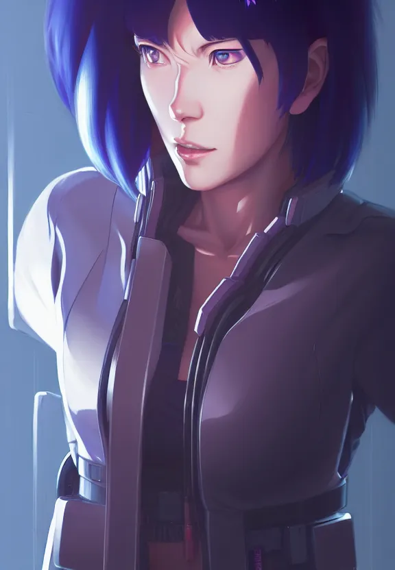 Image similar to a fullbody portrait of motoko kusanagi the major ghost in the shell : : connected to cables, under repairs, maintenance area, technicians : : by ilya kuvshinov, rossdraws, artgerm, sola digital arts, anti aliasing, raytracing : :