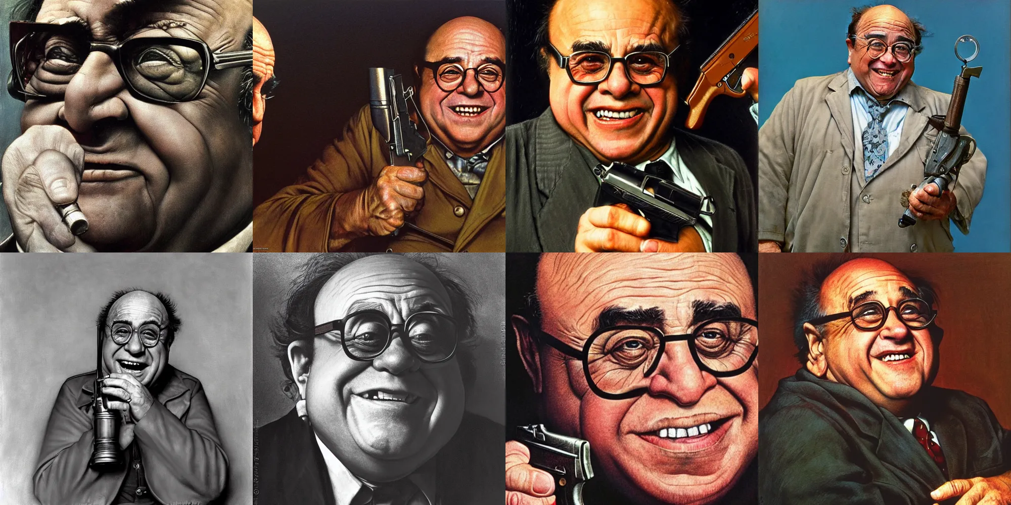 Prompt: closeup of grinning danny devito posing with a revolver, by norman rockwell, Zdzislaw Beksinski, highly detailed, soft lighting, film grain, medium format, 8k resolution, oil on canvas