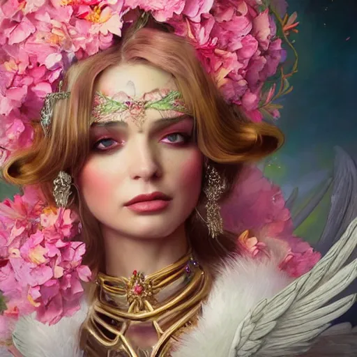 Image similar to expressive full body photo of sophia lauren as beautiful angel, smooth glowing skin, ornate headpiece made from pink flowers, glamour shot, by karol bak, by greg rutkowski, by jeremyg lipkinng, by artgerm, octane render, unreal engine, photorealistic, canon r 3, fashion photography