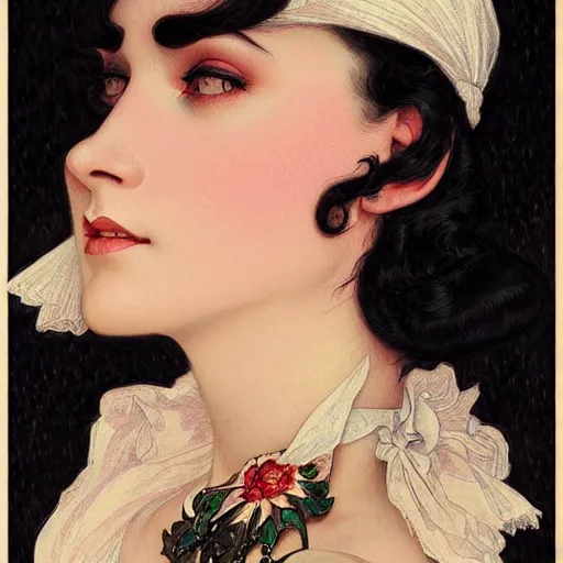 Image similar to a portrait of a woman with black hair, dressed in 1920's fashion, D&D, fantasy, intricate, elegant, highly detailed, digital painting, artstation, concept art, matte, sharp focus, illustration, art by Artgerm and Greg Rutkowski and Alphonse Mucha