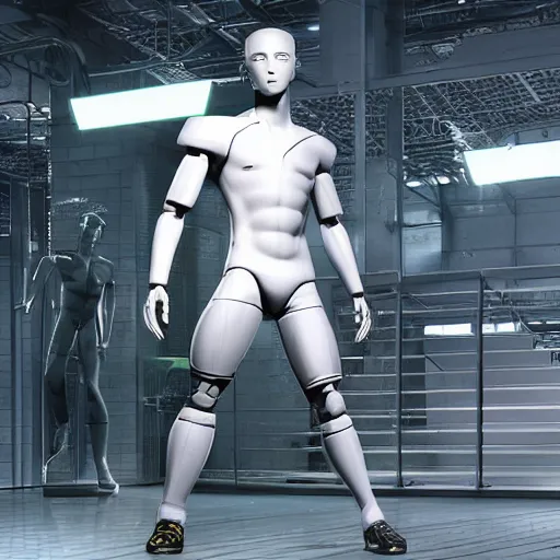 Image similar to a realistic detailed photo of a guy who is an attractive humanoid who is half robot and half humanoid, who is a male android, attractive and handsome soccer players, shiny skin, posing like a statue, blank stare, in a factory, on display, showing off his muscles, wearing soccer shorts, side view, looking at each other mindlessly