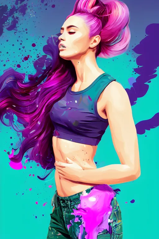Image similar to a award winning half body portrait of a beautiful woman in a croptop and cargo pants with ombre purple pink teal hairstyle with head in motion and hair flying by artgerm, paint splashes, splatter, outrun, vaporware, shaded flat illustration, digital art, trending on artstation, highly detailed, fine detail, intricate