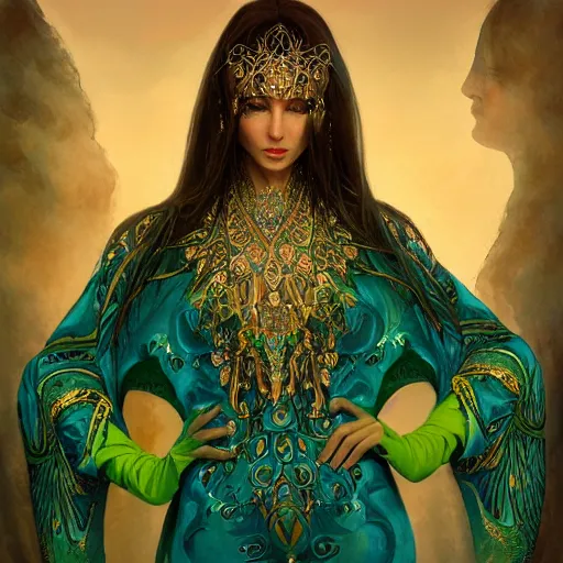 Prompt: a beautiful woman wearing a blue and green kaftan made of silk with golden ornaments and diamonds by alex gray and android jones , Karol Bak, Ayami Kojima, Amano , concept art, character design, fantasy,3D, 8k resolution