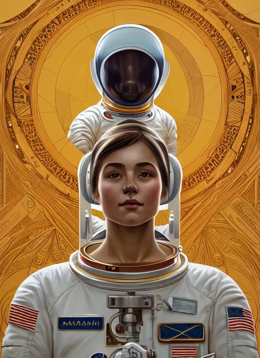 Image similar to symmetry!! portrait of a astronaut, midsommar style, intricate, elegant, highly detailed, digital painting, artstation, concept art, smooth, sharp focus, illustration, art by artgerm and greg rutkowski and alphonse mucha, 8 k