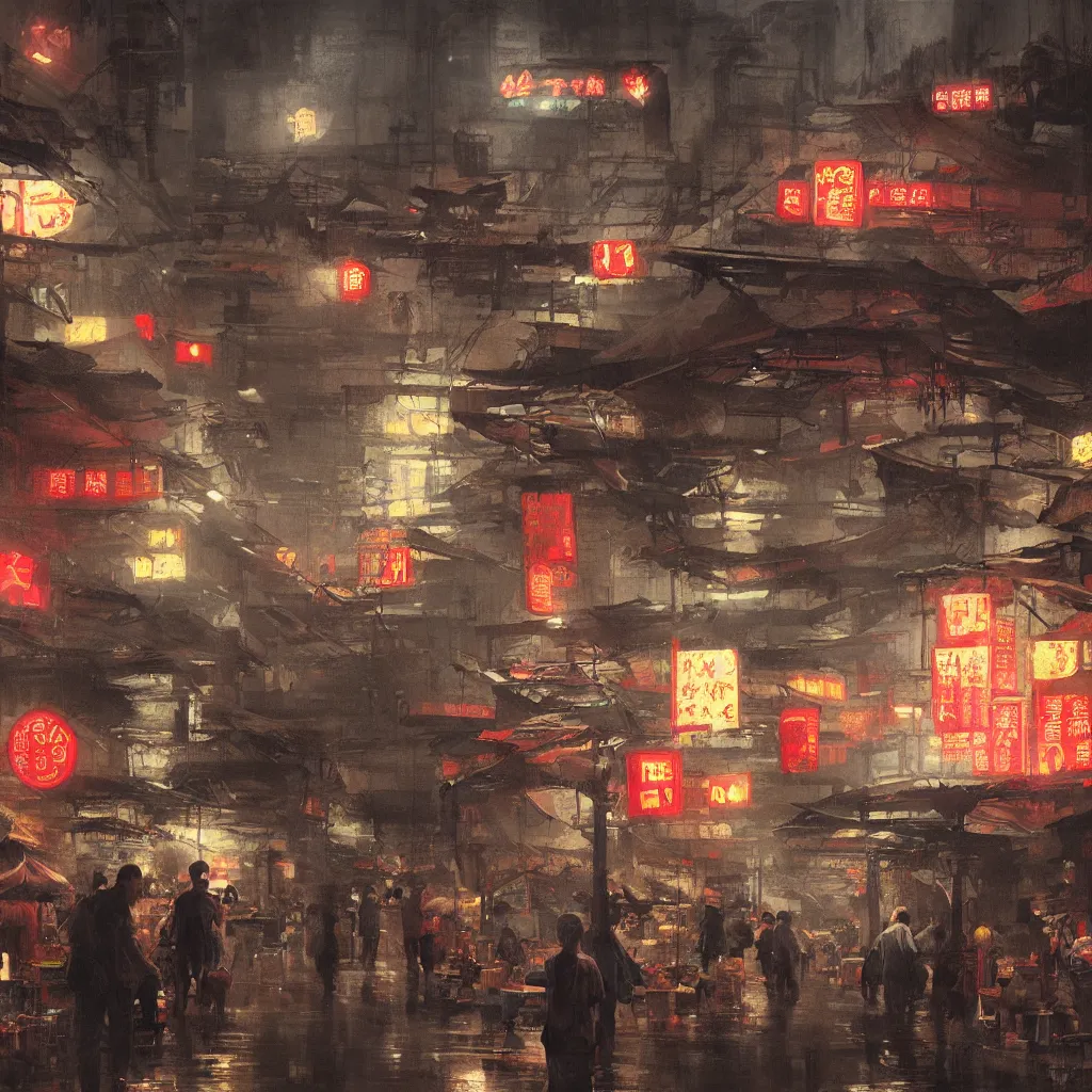 Prompt: an asian wet market at night, by greg rutkowski