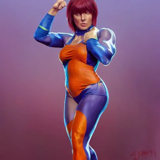 Prompt: full figure ultra realistic illustration, extremely tall female wrestler with orange hair with bangs wearing a purple costume, intricate, elegant, highly detailed, digital painting, artstation, concept art, smooth, sharp focus, illustration, art by artgerm and greg rutkowski and alphonse mucha