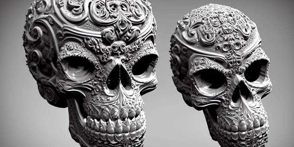 Image similar to curly gothic baroque tiki skull head , intricate ornate marble carving, white background, sculpture, hyper-realistic, micro details, focused, dramatic, sophisticated, soft surface, professional photography, overhead dramatic light, medium-shot, 3d art, artstation, CGsociety, 3d render, environmental key art, octane render, weta digital, 3d sculpture, structure, render in octane, unreal engine, ray trace 4k, cinematic ,dynamic light, amazing details, beautiful ,