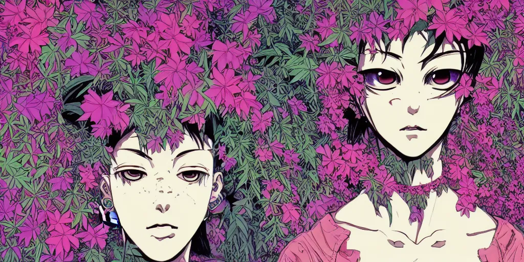 Image similar to risograph grainy drawing of neo - tokyo anime - like hero girl protagonist face, dull colors, with huge earrings, face covered with plants and flowers, by moebius and dirk dzimirsky and satisho kon, latex, close - up wide portrait, epic sad, perfect blue