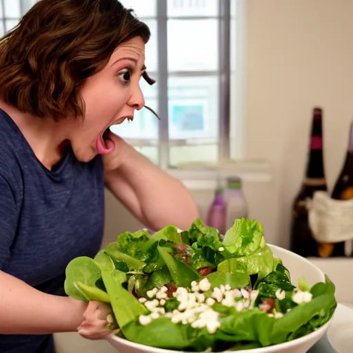 Prompt: rachel bloom sneezing on a salad, ultra detailed, 8 k resolution, ultrarealistic