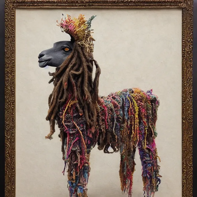 Prompt: llama with dreadlocks, by mandy jurgens, ernst haeckel, el anatsui, by hsiao