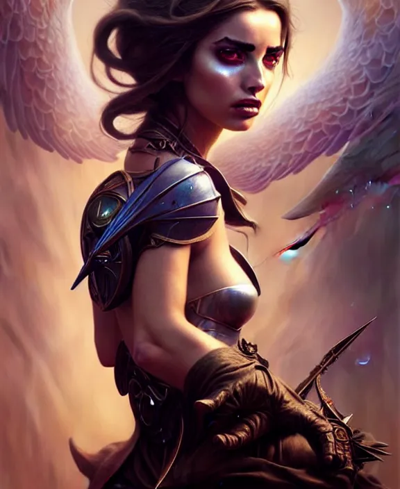 Prompt: beautiful fantasy character portrait, ana de armas, fallen angel, hyper realistic, highly detailed by peter mohrbacher, wayne barlowe, boris vallejo, paolo eleuteri serpieri, dishonored 2