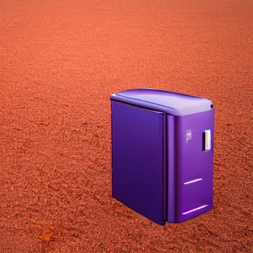 Image similar to purple refrigerator on red sand beach, green ocean and nebula sunset