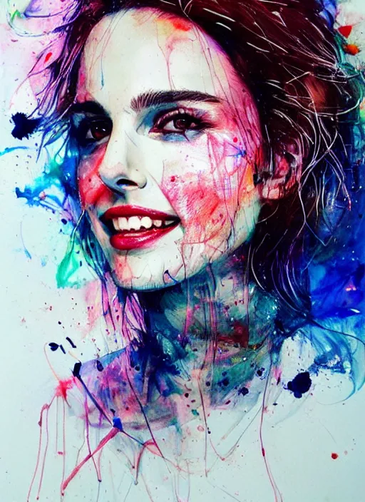 Prompt: vicious smile nathalie portman by agnes cecile, extremely luminous bright design, pastel colours, ink drips, autumn lights