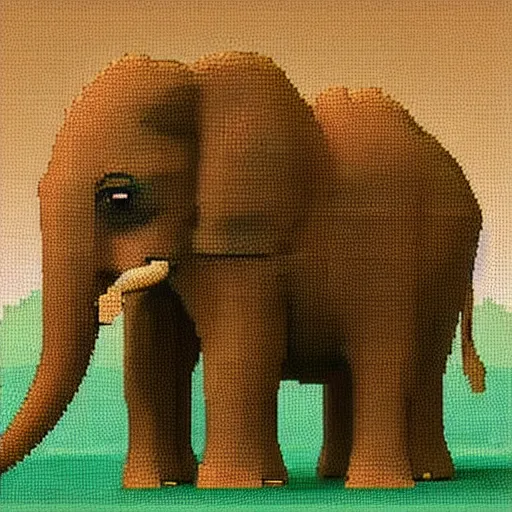 Image similar to a pixelated 1 bit elephant, behind the elephant is a golden sword.