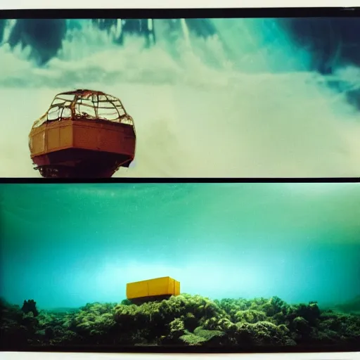 Prompt: film photography of a wooden space station in front of colourful underwater clouds by Kim Keever, low shutter speed, 35mm