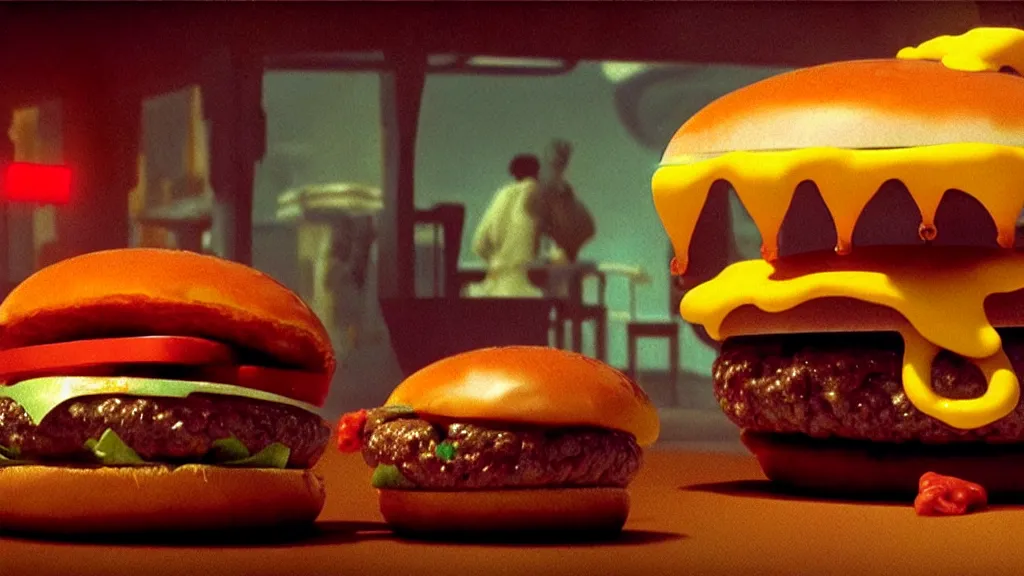 Image similar to the strange cheeseburger creature at the fast food place, film still from the movie directed by denis villeneuve and david cronenberg with art direction by salvador dali and zdzisław beksinski, pixar, wide lens