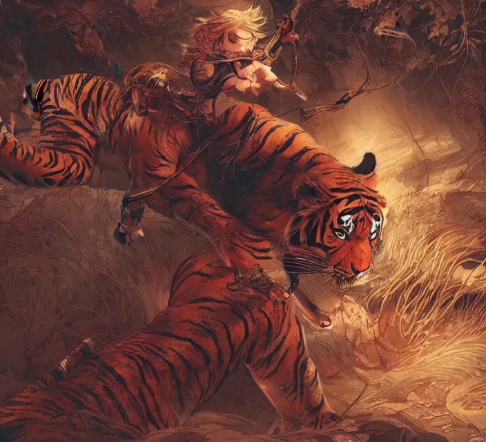 Prompt: a girl fighting a tiger, full shot, visible face, ambient lighting, detailed, art by ayami kojima, makoto shinkai, kilian eng