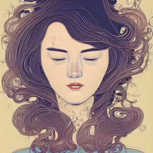 Prompt: a high resolution, 8k photographic portrait of a woman with a beautiful face and love heart swirling hair by Audrey kawasaki and James jean