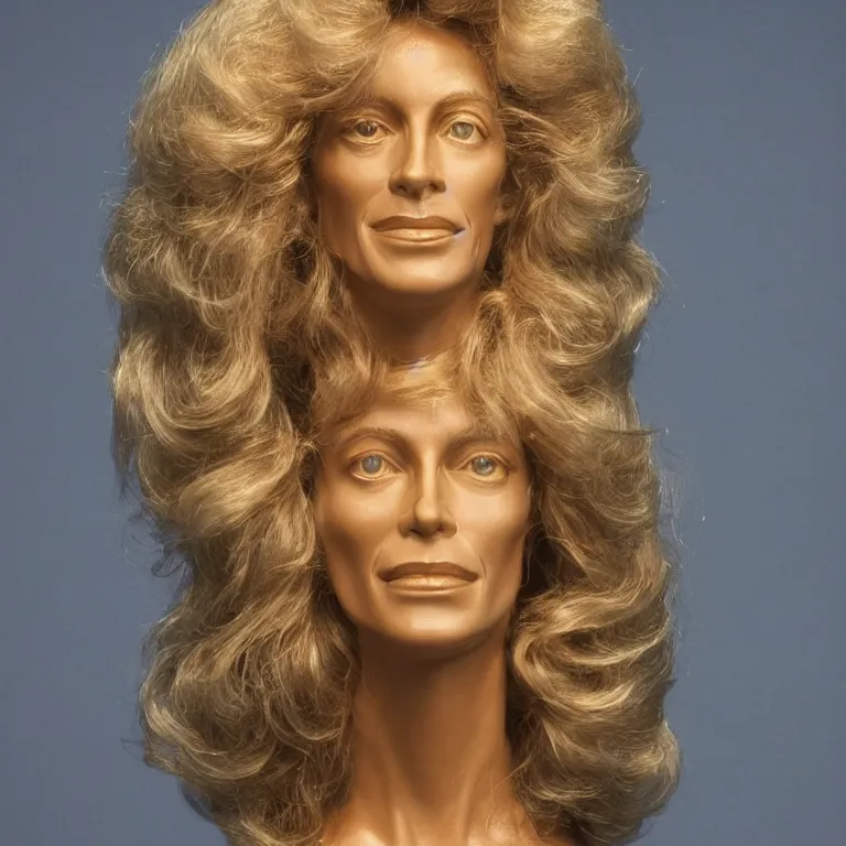 Prompt: studio photograph of colorful postmodern portrait sculpture of farrah fawcett on charlie's angels, beautiful symmetrical!! face accurate face detailed face realistic proportions, made of ink - stained beeswax on a pedestal by ron mueck and matthew barney and greg rutkowski, hyperrealism cinematic lighting shocking detail 8 k