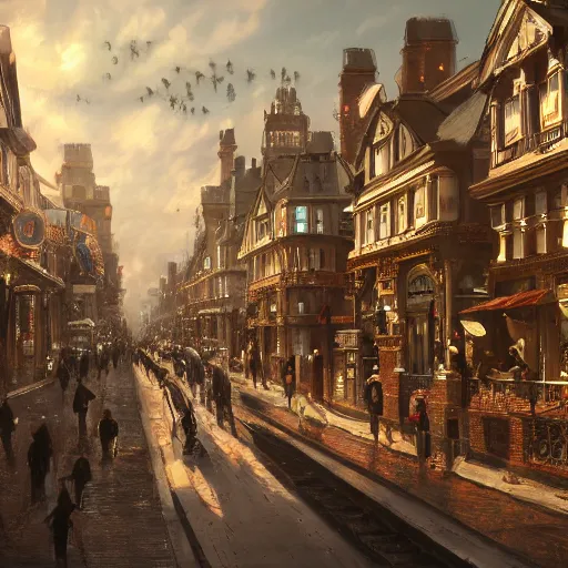 Image similar to victorian city, happy, a lot of people, shiny, 8 k, detailed, concept art, trending on artstation