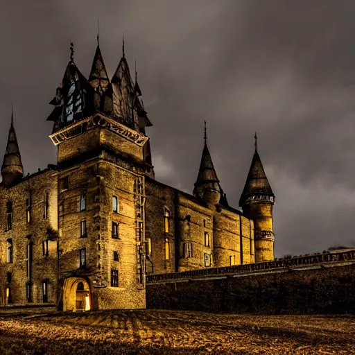 Prompt: a cinematic, wide screen, 4K photograph of a dark and foreboding castle made of human bones with ominous pointy twisted spires, mood lighting, atmospheric, grim