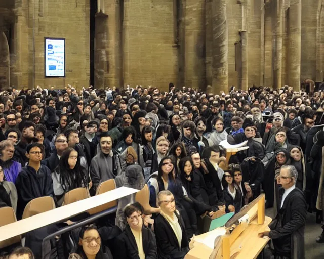 Image similar to anonymous at lectern with large presentation display behind, crowded university hall, photo