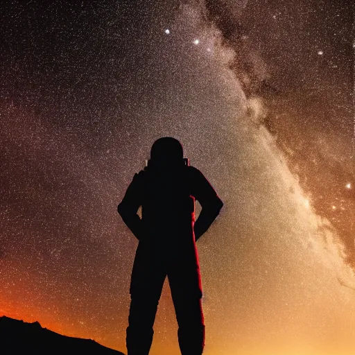 Image similar to astronaut silhouette with arms extended forward, bottom of arms lit by light coming from off camera, light coming from below, starry sky background, lit from below, full body photo,, 8 k