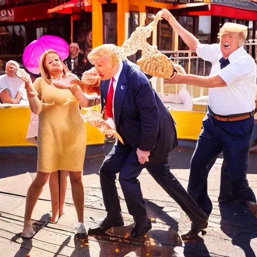 Image similar to donald trump slamming pudding onto citizens, citizens soaked with pudding, golden hour, boardwalk, professional photography