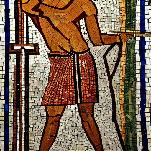 Prompt: a painting of a man holding a spear, a mosaic by Nicomachus of Thebes, academic art, androgynous, academic art, creative commons attribution