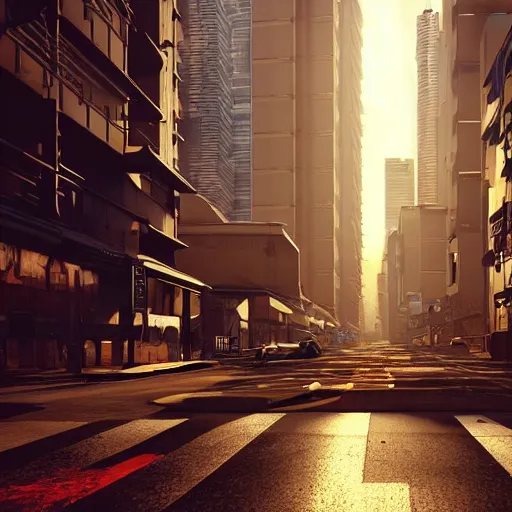 Image similar to cyberpunk cityscape like tokyo newyork street with tall buildings at dusk golden hour cinematic lighting, epic composition. A golden daylight, hyper-realistic environment. Hyper and intricate detail, photo-realistic. Cinematic and volumetric light. Epic concept art. Octane render and Unreal Engine, trending on artstation-H 768