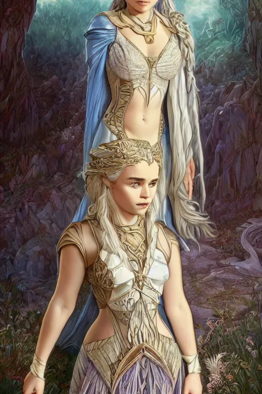 Prompt: Emilia Clarke wearing Kida's outfit from Atlantis, cute, fantasy, intricate, elegant, highly detailed, digital painting, 4k, HDR, concept art, smooth, sharp focus, illustration, art by artgerm and H R Giger and alphonse mucha