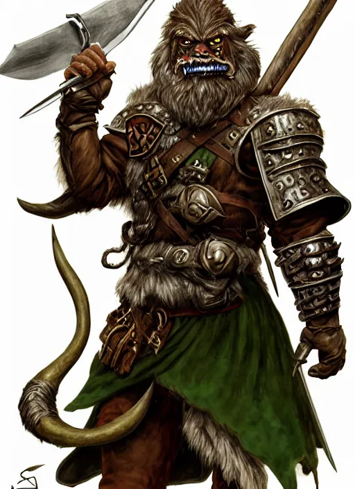 Image similar to strong young man, photorealistic bugbear ranger holding a flaming sword, black beard, dungeons and dragons, pathfinder, roleplaying game art, hunters gear, jeweled ornate leather and steel armour, concept art, character design on white background, by alan lee, norman rockwell, makoto shinkai, kim jung giu, poster art, colours red and green